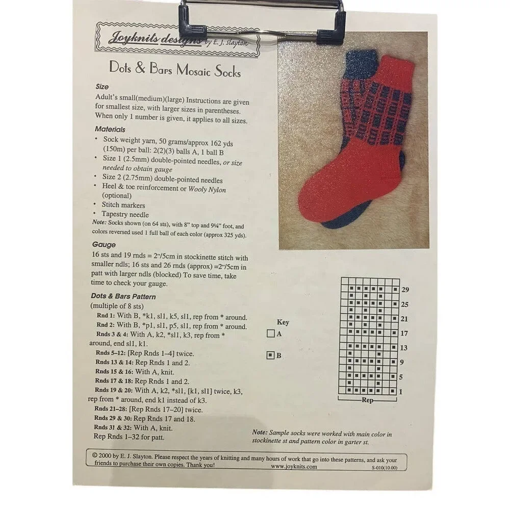 New 2000 Joyknits Designs EJ Slayton Dots & Bars Mosaic Socks Knitting Pattern